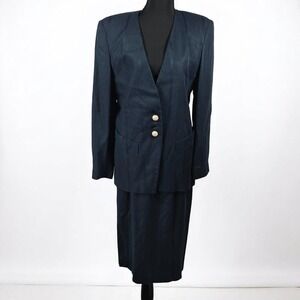 VTG Gilmor Suit Set Skirt and Blazer Career Wear Women 8 Navy Blue Flax/Rayon